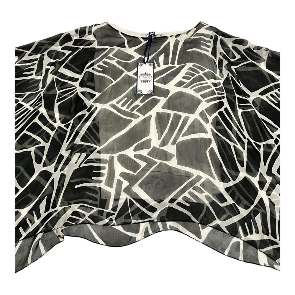 Tempo Paris S/M Black Silk Abstract Print Blouse Top‎ Flowy Chic NWT